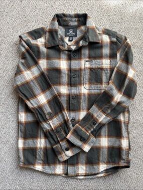 Volcom Boy’s Youth Olive, Cream, multicolored Plaid Button-Down Shirt
